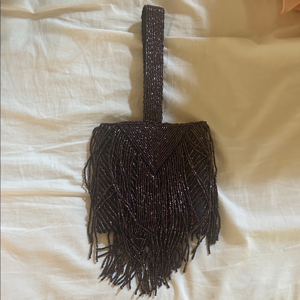 Beaded Fringe Wristlet Bag in Dark Plum